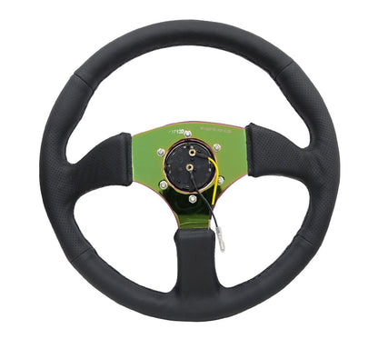 NRG - REINFORCED STEERING WHEEL- 350MM SPORT LEATHER RACING (2.5" DEEP) COMFORT GRIP 4MM NEOCHROME SPOKE
