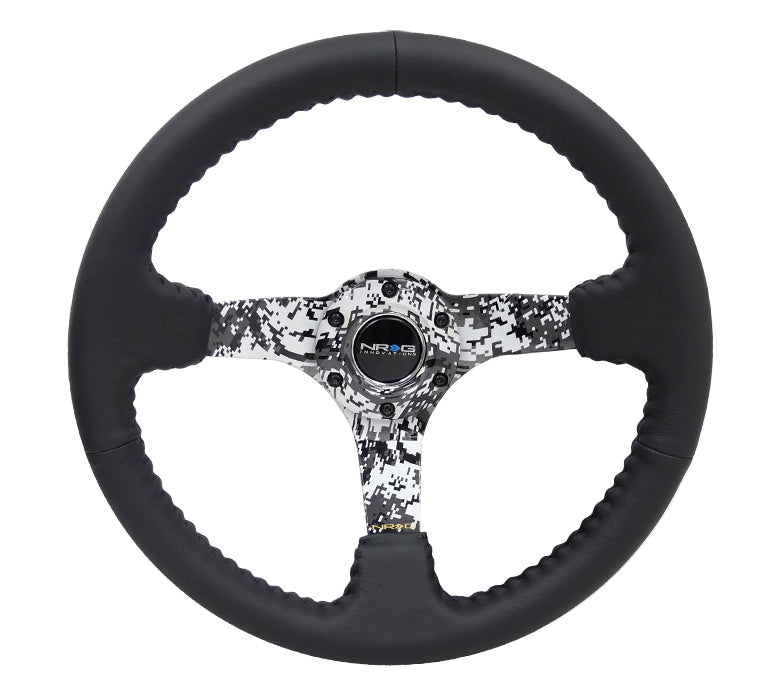 NRG - RUEDA REFORZADA, HYDRO DIP DIGICAMO 3" DEEP BLK MATE SPOKE 350MM BLK CUERO, BLK BASEBALL STITCH (RST-036DC-R)