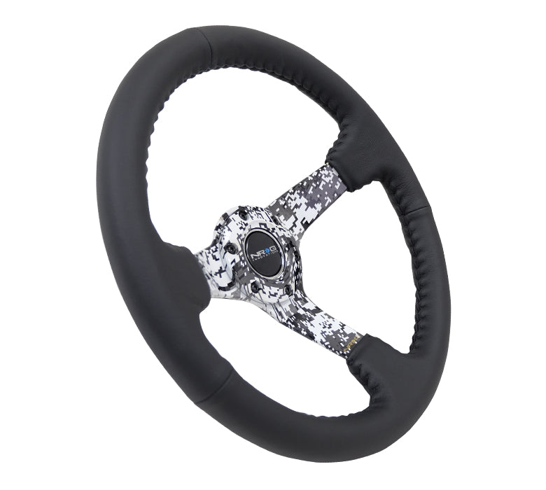 NRG - RUEDA REFORZADA, HYDRO DIP DIGICAMO 3" DEEP BLK MATE SPOKE 350MM BLK CUERO, BLK BASEBALL STITCH (RST-036DC-R)