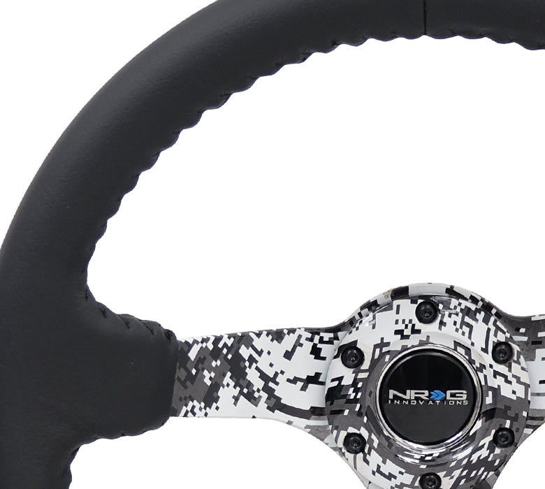 NRG - RUEDA REFORZADA, HYDRO DIP DIGICAMO 3" DEEP BLK MATE SPOKE 350MM BLK CUERO, BLK BASEBALL STITCH (RST-036DC-R)