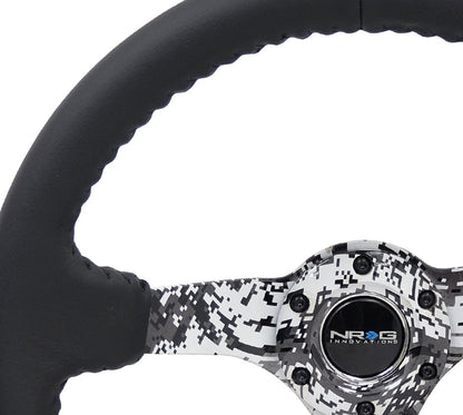 NRG - RUEDA REFORZADA, HYDRO DIP DIGICAMO 3" DEEP BLK MATE SPOKE 350MM BLK CUERO, BLK BASEBALL STITCH (RST-036DC-R)