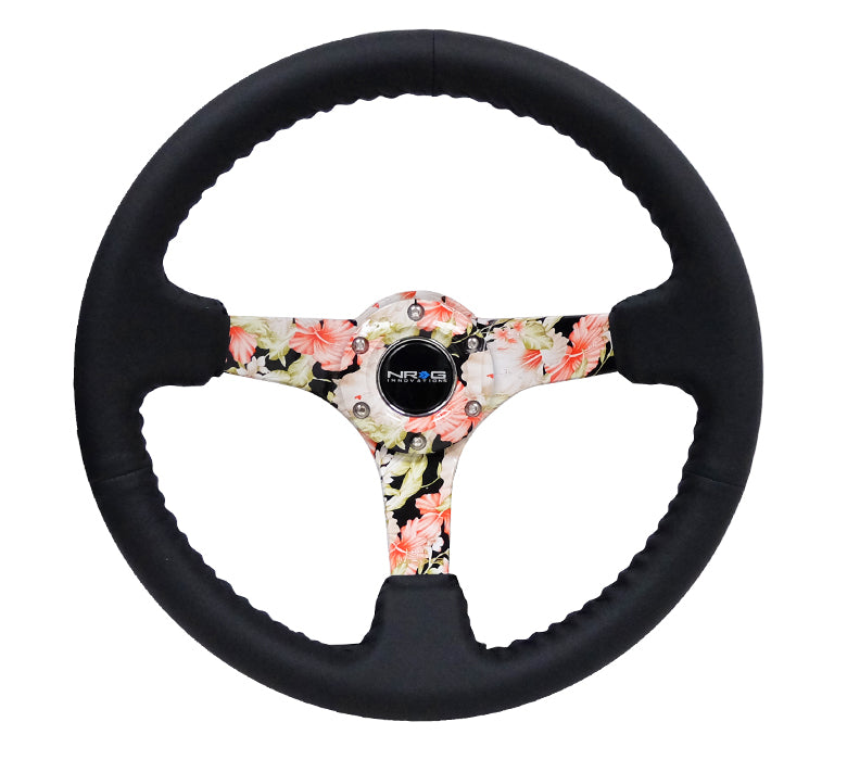 NRG - RODA ESPORTIVA REFORÇADA HYDRO DIP TROPICAL FLORAL 5MM RAIO 350MM COURO PRETO C/ PONTO DE BASEBOL PRETO