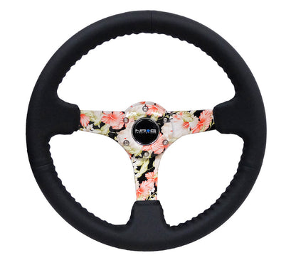 NRG - RODA ESPORTIVA REFORÇADA HYDRO DIP TROPICAL FLORAL 5MM RAIO 350MM COURO PRETO C/ PONTO DE BASEBOL PRETO