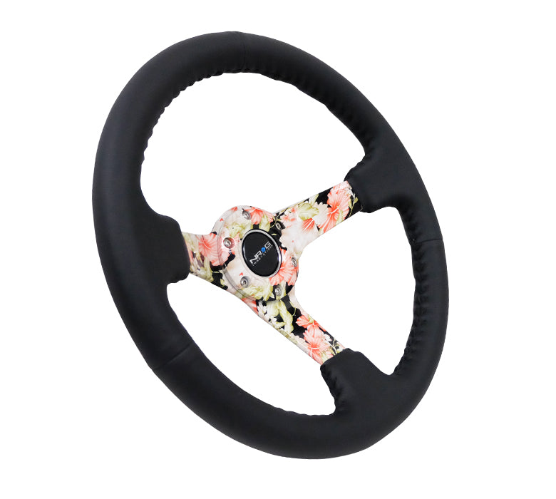 NRG - RODA ESPORTIVA REFORÇADA HYDRO DIP TROPICAL FLORAL 5MM RAIO 350MM COURO PRETO C/ PONTO DE BASEBOL PRETO