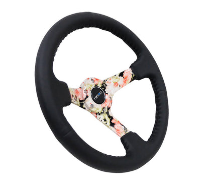 NRG - RODA ESPORTIVA REFORÇADA HYDRO DIP TROPICAL FLORAL 5MM RAIO 350MM COURO PRETO C/ PONTO DE BASEBOL PRETO