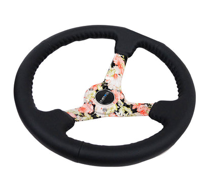 NRG - RODA ESPORTIVA REFORÇADA HYDRO DIP TROPICAL FLORAL 5MM RAIO 350MM COURO PRETO C/ PONTO DE BASEBOL PRETO