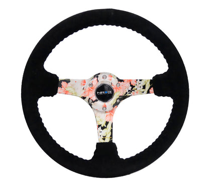 NRG - REINFORCED SPORT WHEEL HYDRO DIP TROPICAL FLORAL 5MM SPOKE 350MM BLK SUEDE W/ BLK BASEBALL STITCH