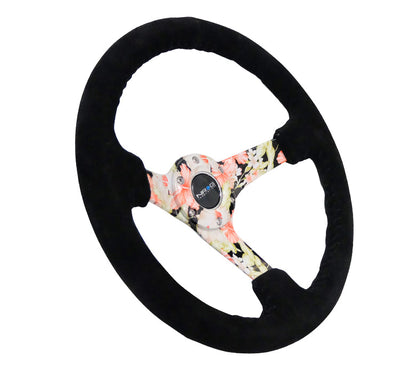 NRG - REINFORCED SPORT WHEEL HYDRO DIP TROPICAL FLORAL 5MM SPOKE 350MM BLK SUEDE W/ BLK BASEBALL STITCH