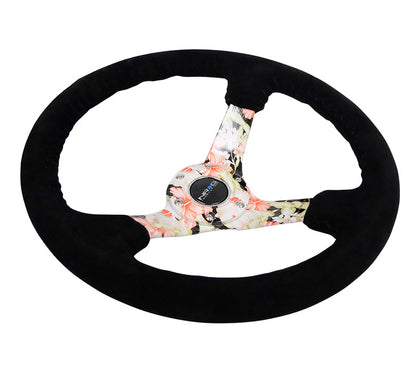NRG - REINFORCED SPORT WHEEL HYDRO DIP TROPICAL FLORAL 5MM SPOKE 350MM BLK SUEDE W/ BLK BASEBALL STITCH
