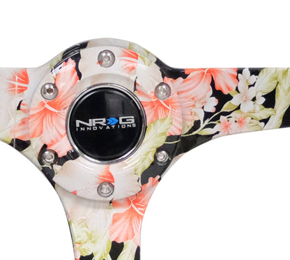 NRG - RODA ESPORTIVA REFORÇADA HYDRO DIP TROPICAL FLORAL 5MM RAIO 350MM COURO PRETO C/ PONTO DE BASEBOL PRETO