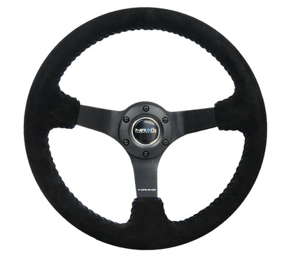 NRG - VOLANTE REFORÇADO 3" PROFUNDO 5MM PRETO FOCO RAIO 350MM SPORT BLK SUEDE COM PONTO DE BEISEBOL AZUL
