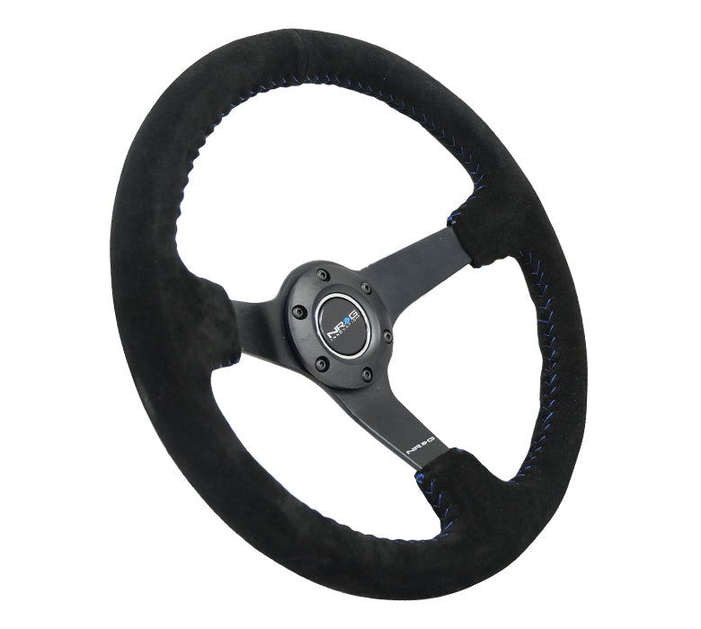 NRG - VOLANTE REFORÇADO 3" PROFUNDO 5MM PRETO FOCO RAIO 350MM SPORT BLK SUEDE COM PONTO DE BEISEBOL AZUL