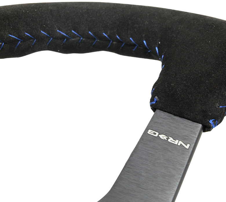 NRG - VOLANTE REFORÇADO 3" PROFUNDO 5MM PRETO FOCO RAIO 350MM SPORT BLK SUEDE COM PONTO DE BEISEBOL AZUL