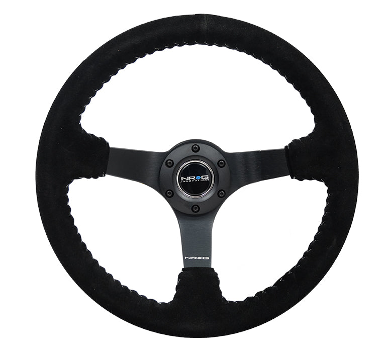 NRG -REINFORCED STEERING WHEEL 3" DEEP 5MM MATTE BLK SPOKE,350MM SPORT BLK SUEDE W/ SLVR BASEBALL STITCH