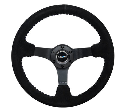 NRG -REINFORCED STEERING WHEEL 3" DEEP 5MM MATTE BLK SPOKE,350MM SPORT BLK SUEDE W/ SLVR BASEBALL STITCH