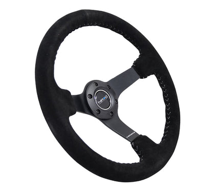 NRG -REINFORCED STEERING WHEEL 3" DEEP 5MM MATTE BLK SPOKE,350MM SPORT BLK SUEDE W/ SLVR BASEBALL STITCH