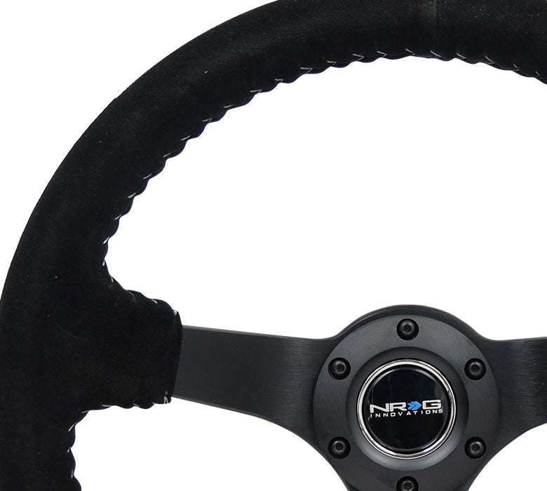 NRG -REINFORCED STEERING WHEEL 3" DEEP 5MM MATTE BLK SPOKE,350MM SPORT BLK SUEDE W/ SLVR BASEBALL STITCH