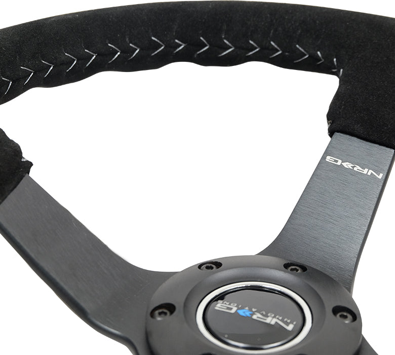 NRG -REINFORCED STEERING WHEEL 3" DEEP 5MM MATTE BLK SPOKE,350MM SPORT BLK SUEDE W/ SLVR BASEBALL STITCH