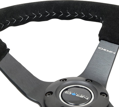 NRG -REINFORCED STEERING WHEEL 3" DEEP 5MM MATTE BLK SPOKE,350MM SPORT BLK SUEDE W/ SLVR BASEBALL STITCH