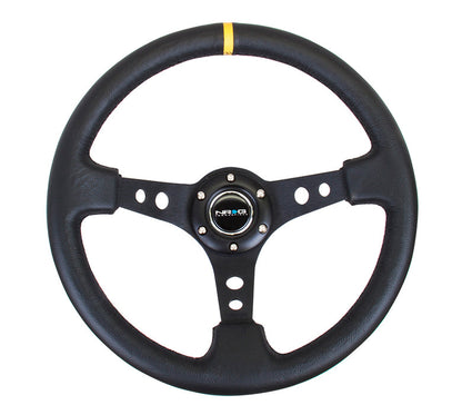 NRG - PREMIUM LEATHER BLACK STITCH 350MM, 3" DEEP DISH BLACK SPOKE W/ ROUND HOLES W/ YELLOW CENTER MARK
