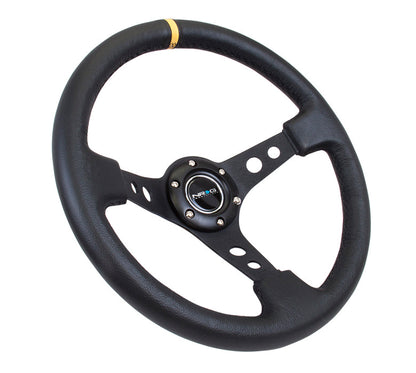 NRG - PREMIUM LEATHER BLACK STITCH 350MM, 3" DEEP DISH BLACK SPOKE W/ ROUND HOLES W/ YELLOW CENTER MARK