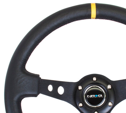 NRG - PREMIUM LEATHER BLACK STITCH 350MM, 3" DEEP DISH BLACK SPOKE W/ ROUND HOLES W/ YELLOW CENTER MARK