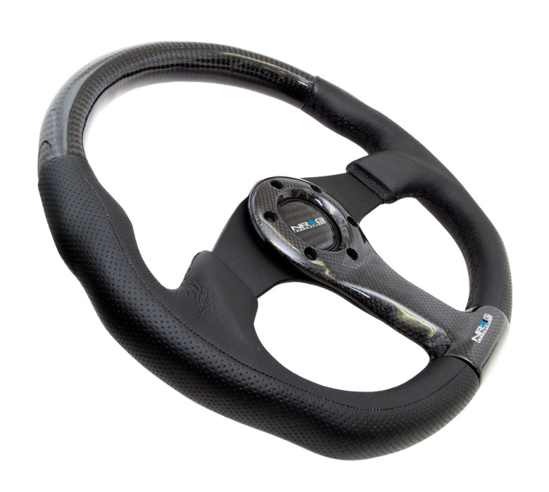 NRG - CARBON FIBER SERIES STEERING WHEEL FLAT BOTTOM DESIGN W/ LEATHER ACCENTS