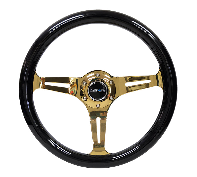 NRG - CLASSIC WOOD GRAIN WHEEL - 350MM 3 CHROME GOLD SPOKES - BLACK GRIP
