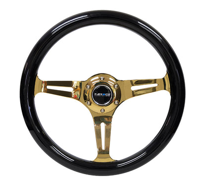 NRG - CLASSIC WOOD GRAIN WHEEL - 350MM 3 CHROME GOLD SPOKES - BLACK GRIP