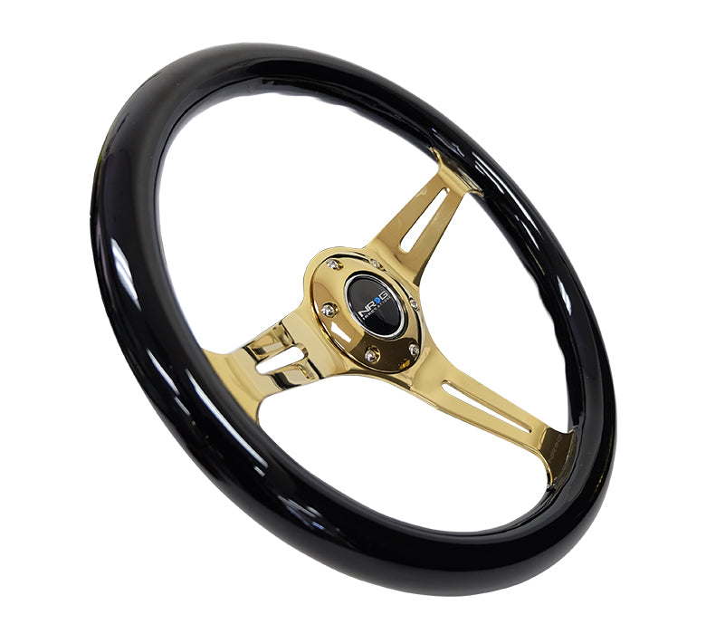 NRG - CLASSIC WOOD GRAIN WHEEL - 350MM 3 CHROME GOLD SPOKES - BLACK GRIP