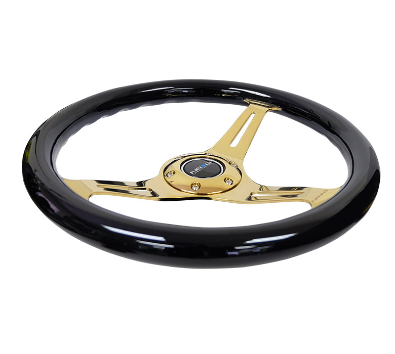 NRG - CLASSIC WOOD GRAIN WHEEL - 350MM 3 CHROME GOLD SPOKES - BLACK GRIP