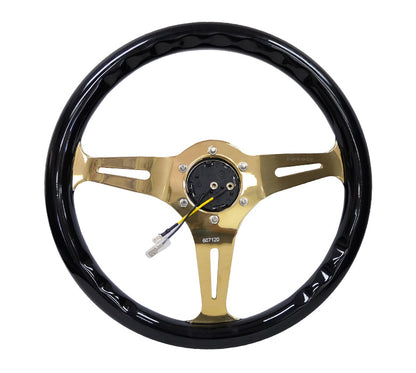 NRG - CLASSIC WOOD GRAIN WHEEL - 350MM 3 CHROME GOLD SPOKES - BLACK GRIP