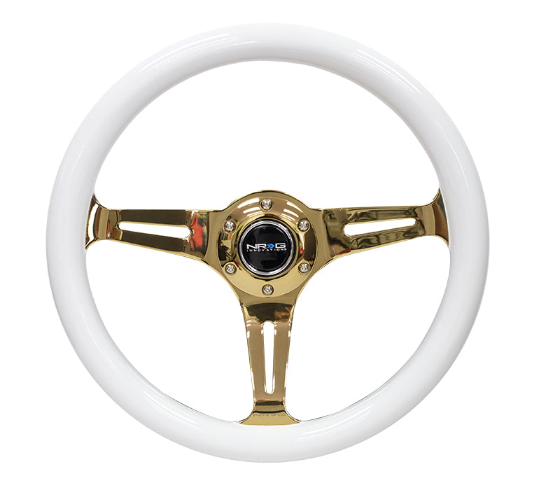 NRG - RUEDA CLASSIC WOOD GREIN - 350MM 3 RADIOS CROMADOS DORADOS - PUÑO BLANCO