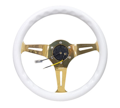 NRG - RUEDA CLASSIC WOOD GREIN - 350MM 3 RADIOS CROMADOS DORADOS - PUÑO BLANCO