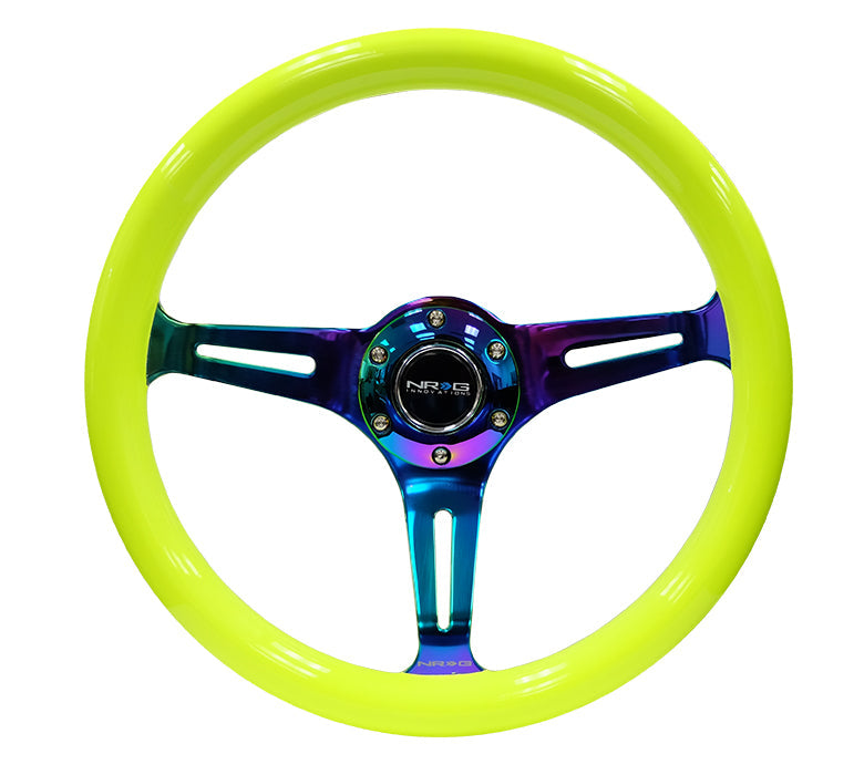 NRG - CLASSIC WOOD GRAIN WHEEL - 350MM 3 NEOCHROME SPOKES - NEON YELLOW PAINT