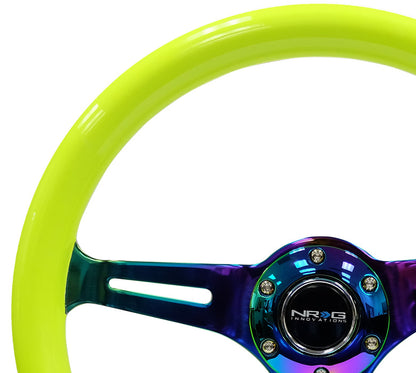 NRG - CLASSIC WOOD GRAIN WHEEL - 350MM 3 NEOCHROME SPOKES - NEON YELLOW PAINT