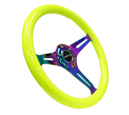 NRG - CLASSIC WOOD GRAIN WHEEL - 350MM 3 NEOCHROME SPOKES - NEON YELLOW PAINT