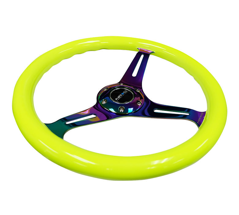 NRG - CLASSIC WOOD GRAIN WHEEL - 350MM 3 NEOCHROME SPOKES - NEON YELLOW PAINT