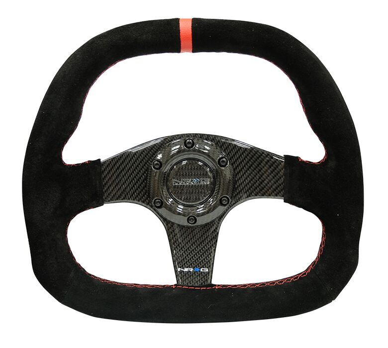 NRG - CARBON FIBER STEERING WHEEL 320MM BLACK CF CENTER W/ BLACK STITCH RED CENTER MARK FLAT BOTTOM