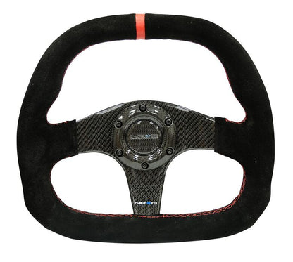 NRG - CARBON FIBER STEERING WHEEL 320MM BLACK CF CENTER W/ BLACK STITCH RED CENTER MARK FLAT BOTTOM
