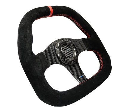 NRG - CARBON FIBER STEERING WHEEL 320MM BLACK CF CENTER W/ BLACK STITCH RED CENTER MARK FLAT BOTTOM