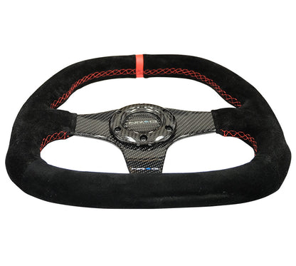 NRG - CARBON FIBER STEERING WHEEL 320MM BLACK CF CENTER W/ BLACK STITCH RED CENTER MARK FLAT BOTTOM