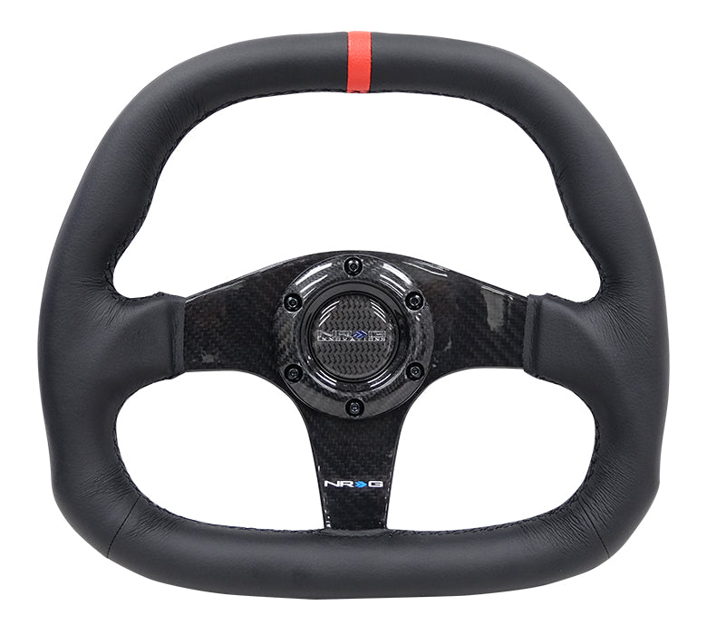 NRG - CARBON FIBER STEERING WHEEL 320MM BLACK CF CENTER W/ BLACK STITCH RED CENTER MARK FLAT BOTTOM