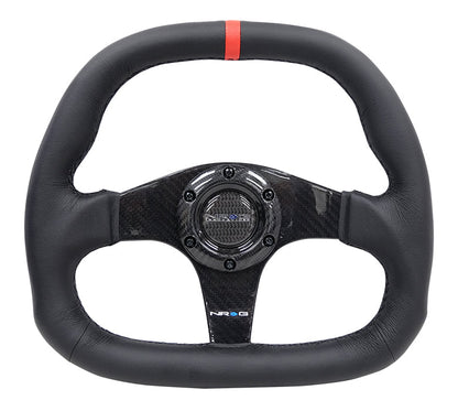 NRG - CARBON FIBER STEERING WHEEL 320MM BLACK CF CENTER W/ BLACK STITCH RED CENTER MARK FLAT BOTTOM