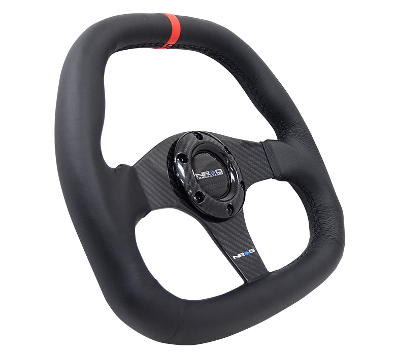 NRG - CARBON FIBER STEERING WHEEL 320MM BLACK CF CENTER W/ BLACK STITCH RED CENTER MARK FLAT BOTTOM