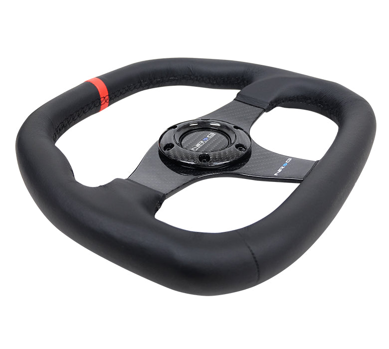 NRG - CARBON FIBER STEERING WHEEL 320MM BLACK CF CENTER W/ BLACK STITCH RED CENTER MARK FLAT BOTTOM