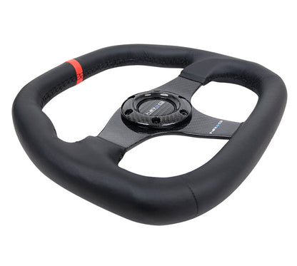 NRG - CARBON FIBER STEERING WHEEL 320MM BLACK CF CENTER W/ BLACK STITCH RED CENTER MARK FLAT BOTTOM