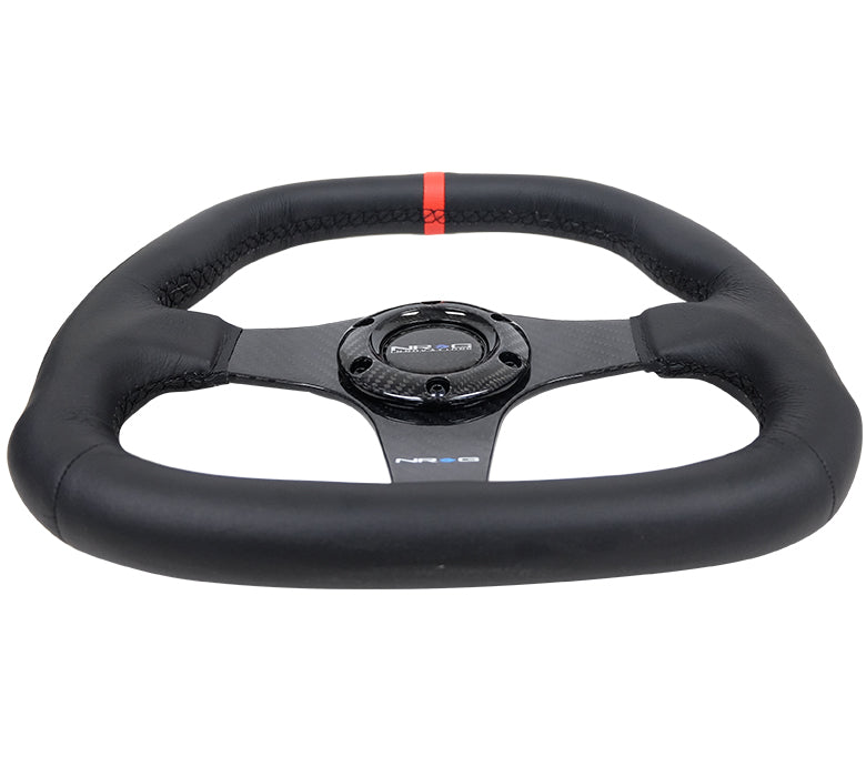 NRG - CARBON FIBER STEERING WHEEL 320MM BLACK CF CENTER W/ BLACK STITCH RED CENTER MARK FLAT BOTTOM