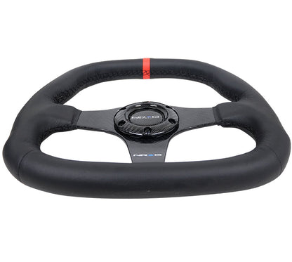 NRG - CARBON FIBER STEERING WHEEL 320MM BLACK CF CENTER W/ BLACK STITCH RED CENTER MARK FLAT BOTTOM