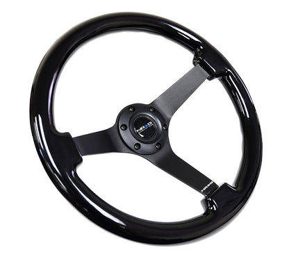 NRG - REINFORCED CLASSIC BLACK WOOD GRAIN WHEEL (3" DEEP 4MM SPOKE),350MM3 SPOKE CENTER IN BLACK CHROME